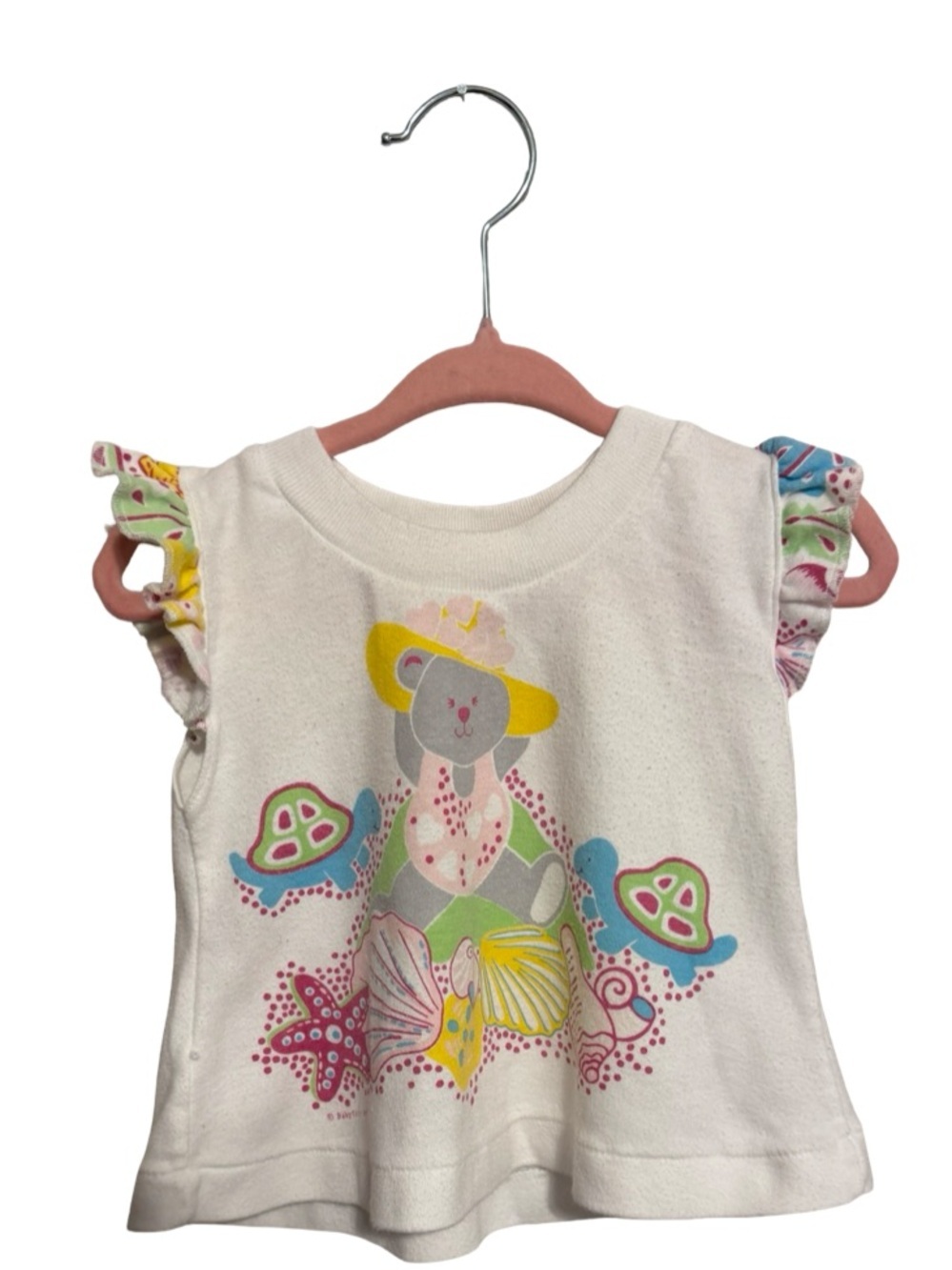 Vintage Toddler Time Bear Top Girls Estimated Size 12 Months Ruffle Sleeve